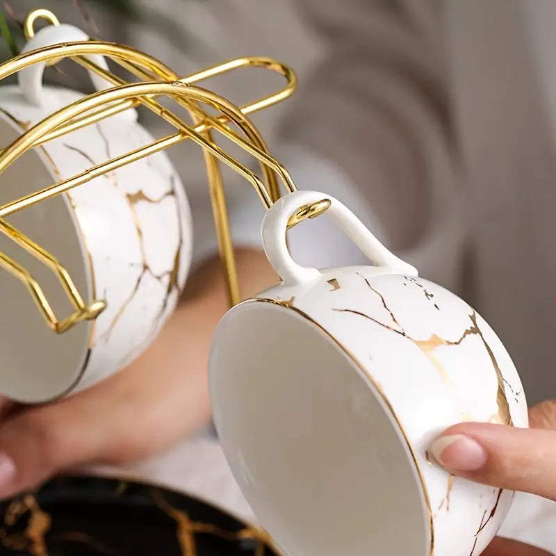Suporte Metálico + 6 Xícaras de Café – Organizador Elegante com Design Europeu para Cozinha e Cantinho do Café