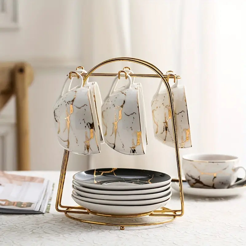 Suporte Metálico + 6 Xícaras de Café – Organizador Elegante com Design Europeu para Cozinha e Cantinho do Café
