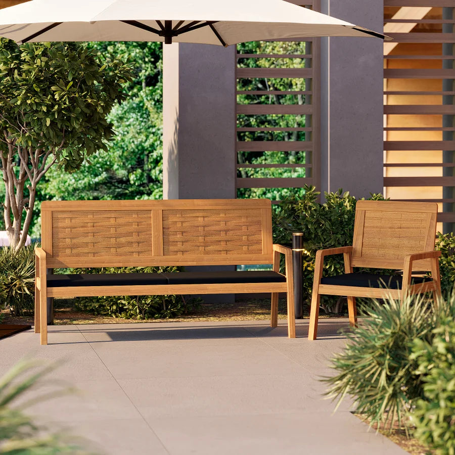 Sofa 2 Lugares em Madeira de Eucalipto + Poltrona Natura Trançado em Madeira com Assento Estofado