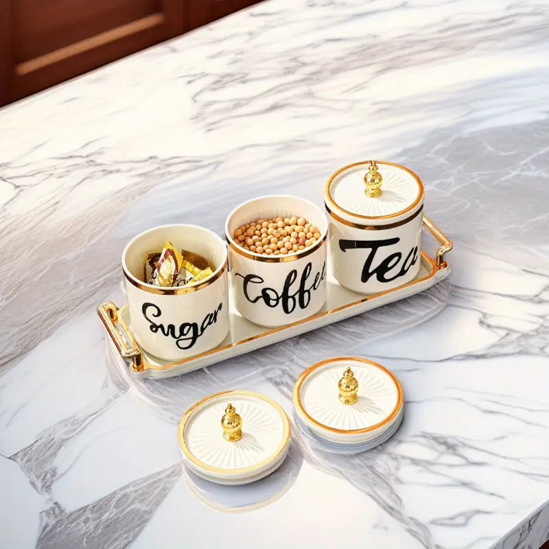 Conjunto de Potes Plásticos com Bandeja – Armazenamento Decorativo para Café, Açúcar, Doces, Grãos