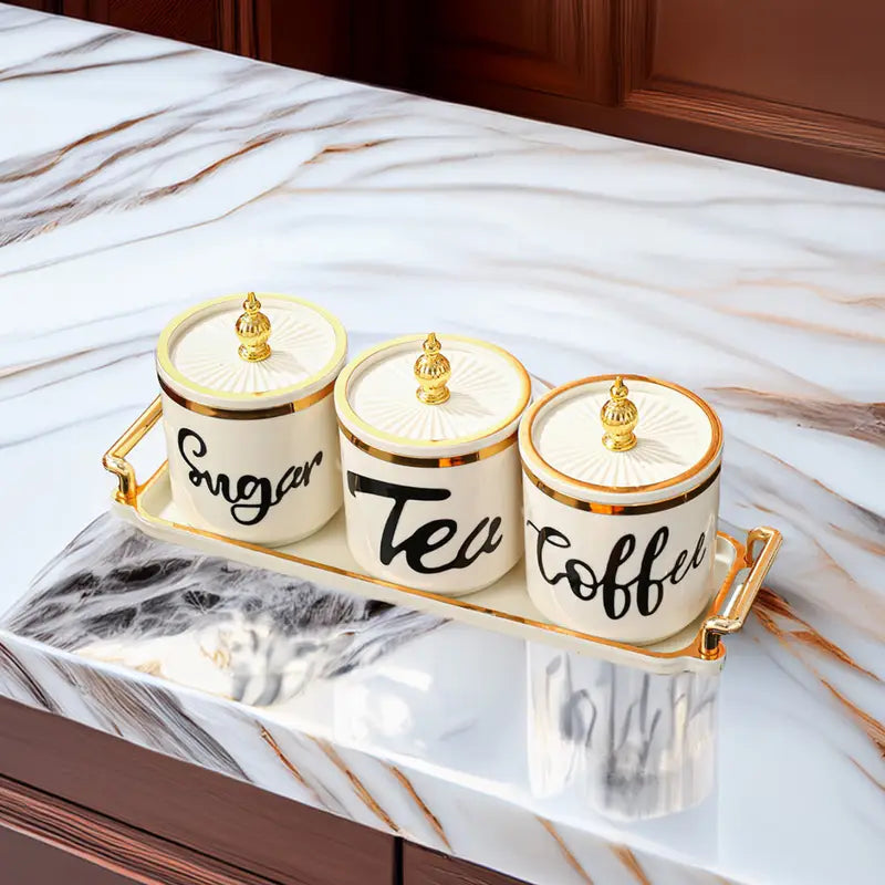 Conjunto de Potes Plásticos com Bandeja – Armazenamento Decorativo para Café, Açúcar, Doces, Grãos