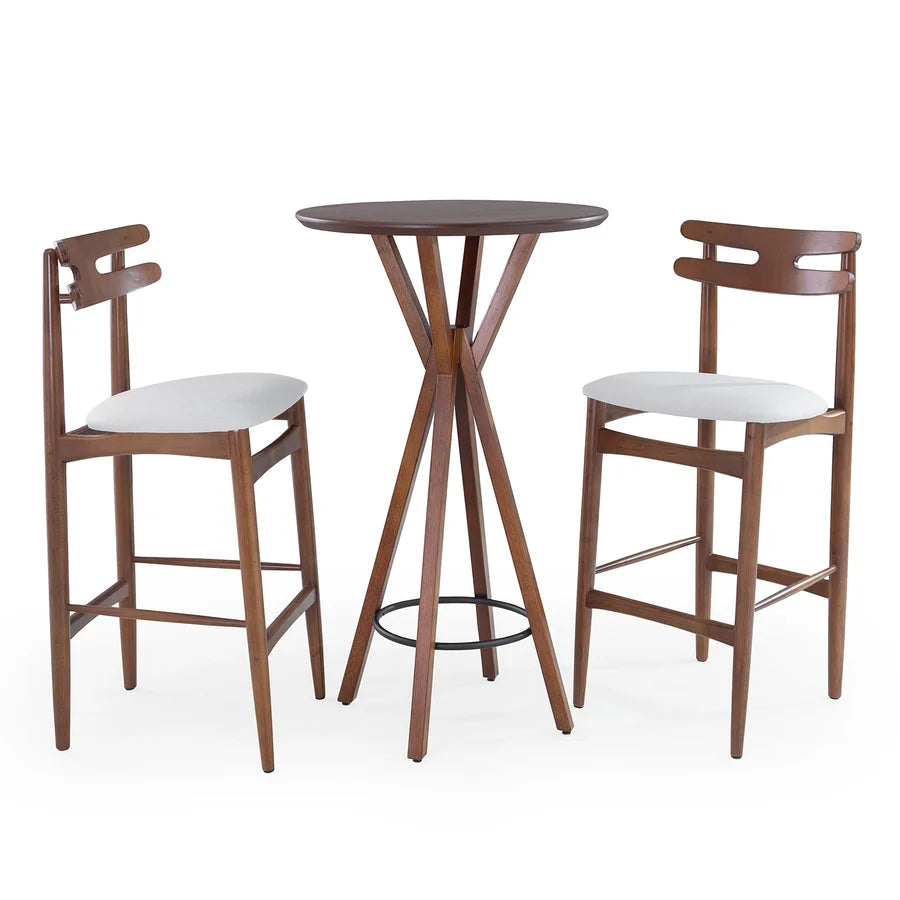 Kit de Mesa Bistrô Roma Madeira de Eucalipto com Banquetas Heros Madeira de Tauari com encosto Anatômico cor Carvalho Tecido Linho Rustico Bege 290