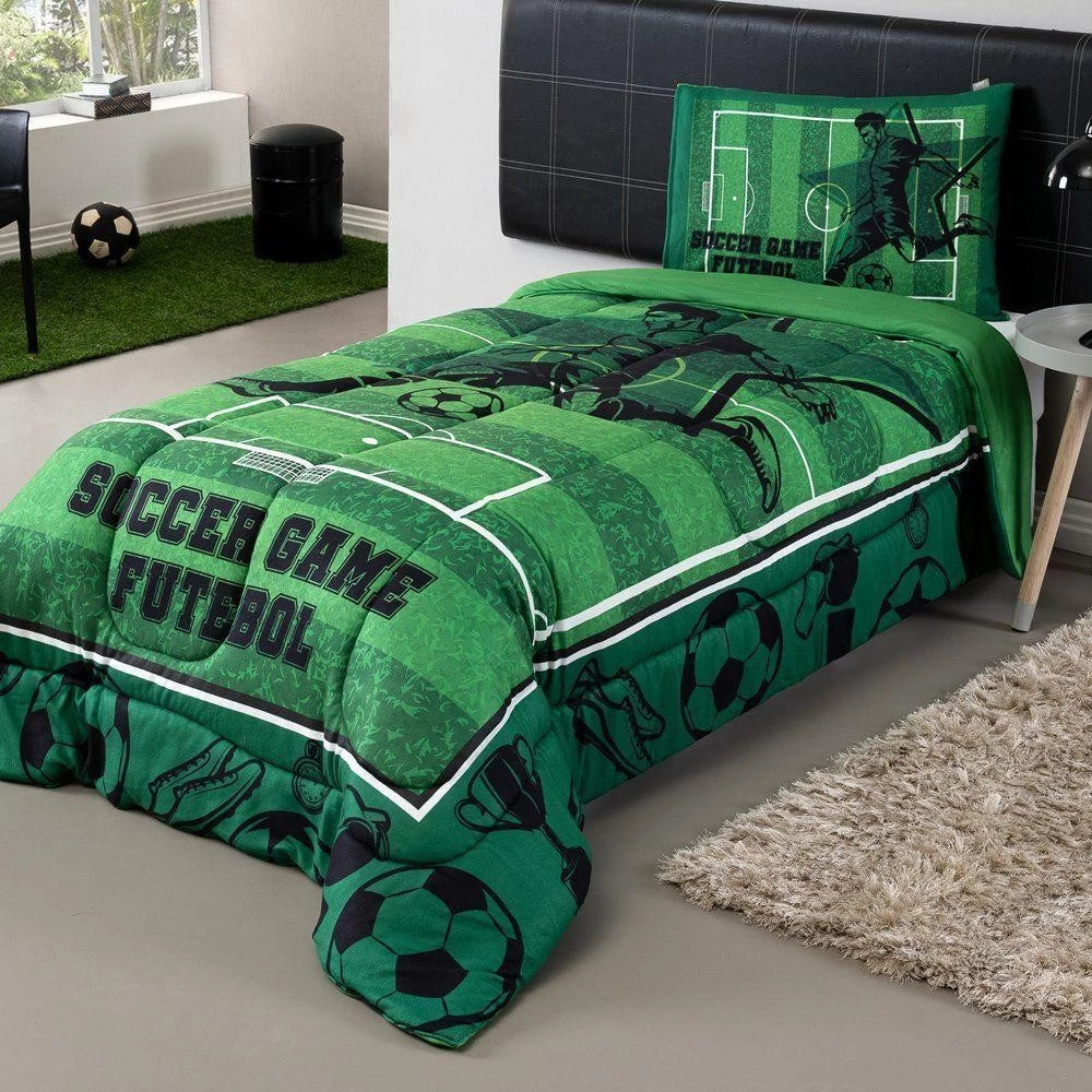 Kit Edredom Plush Fofinho Infantil Dupla Face Dream 2 Peças Solteiro Futebol