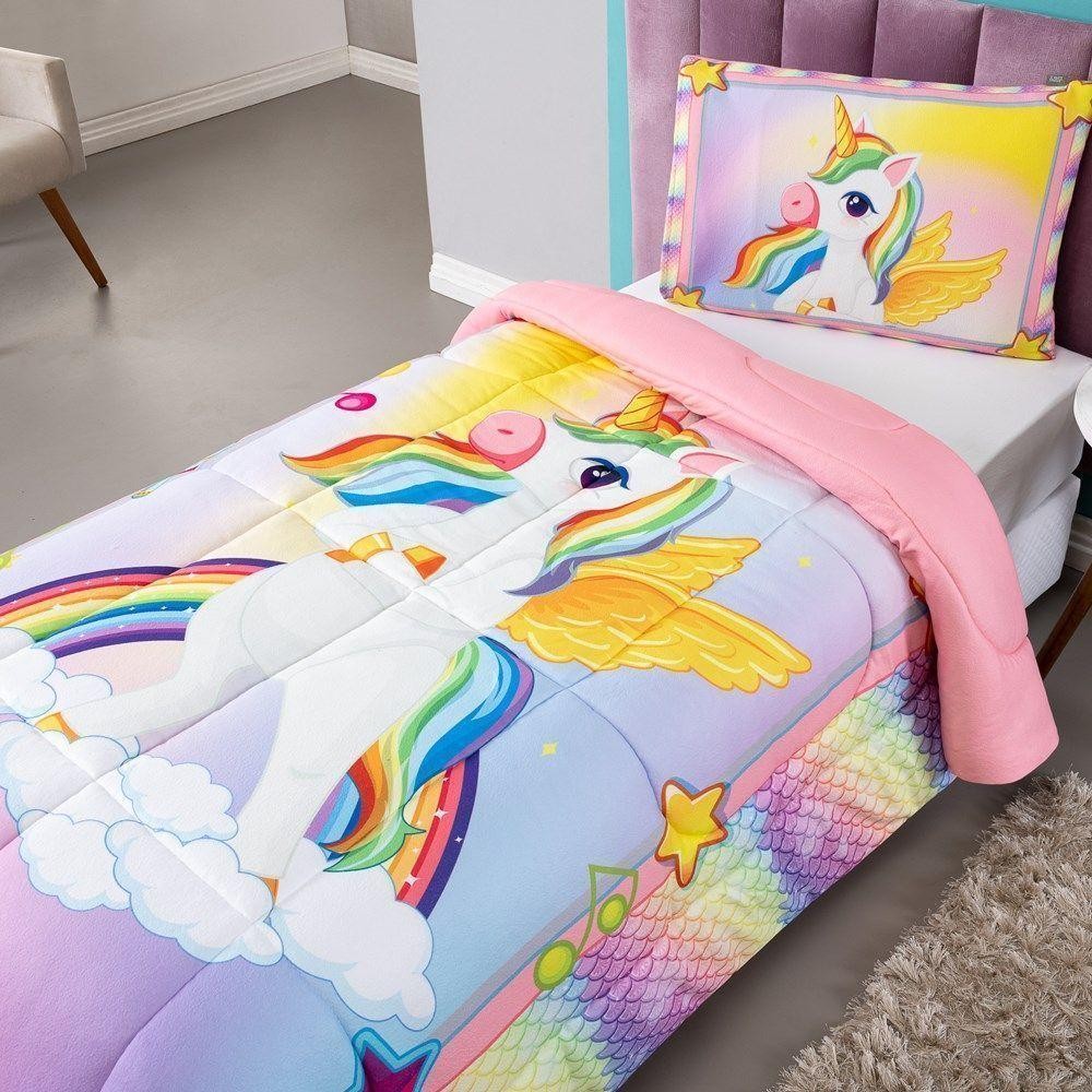 Kit Edredom Plush Fofinho Infantil Dupla Face Dream 2 Peças Solteiro Unicórnio
